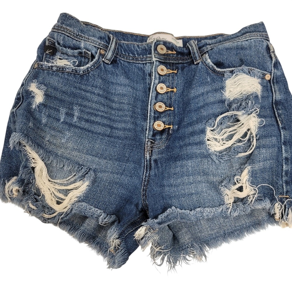 Kancan High Rise SOFT Distressed Denim Shorts Blue Button Fly Cutoff Women Sz 26